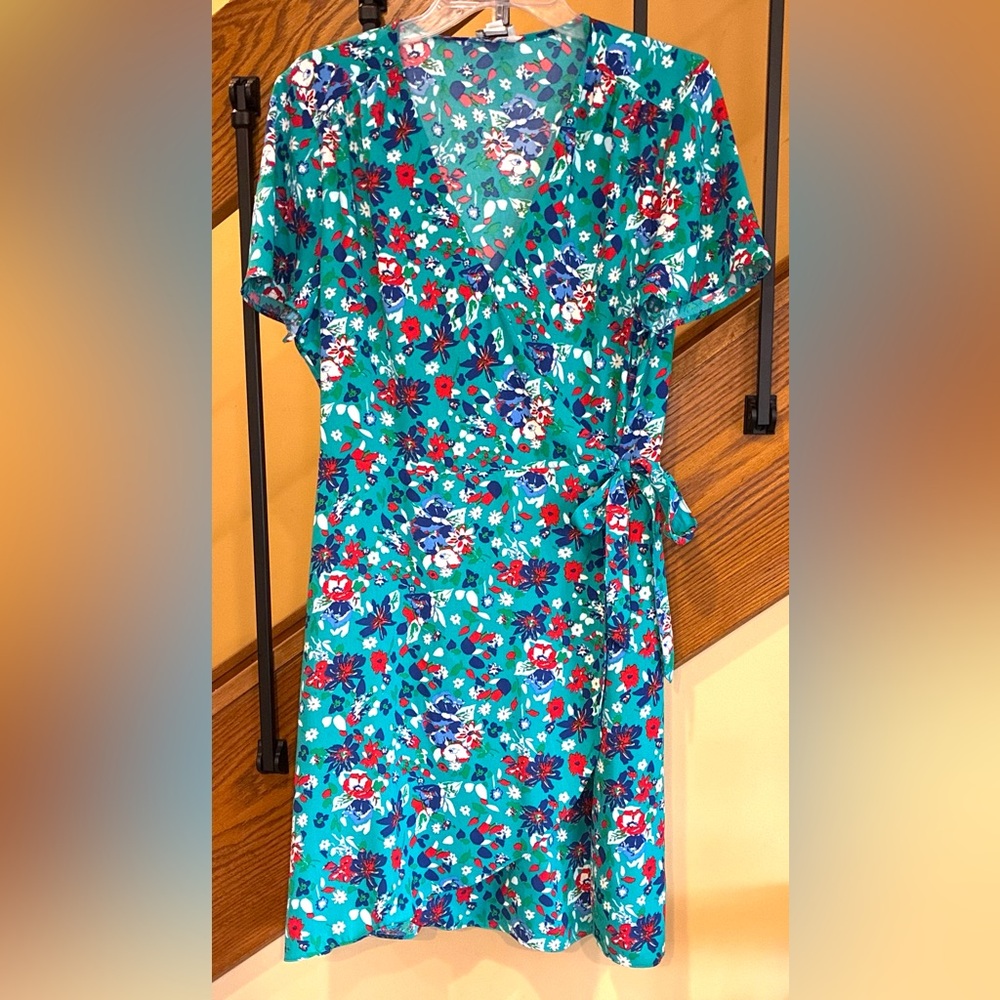 J.Crew Wrap Dress Short-sleeve Tie At Waist Teal Floral SZ. 14 Women’s